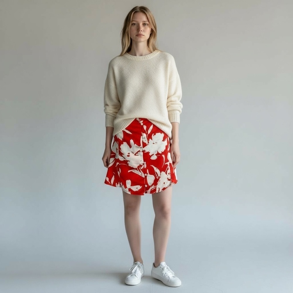 Vintage Silk Red & White Floral Mini Skirt With Buttons